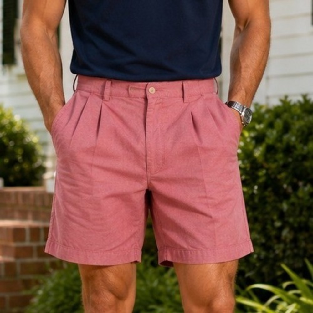 Polo Golf Ralph Lauren Mens 36 Pink/Red Pleated Cotton Oxford Chino Shorts